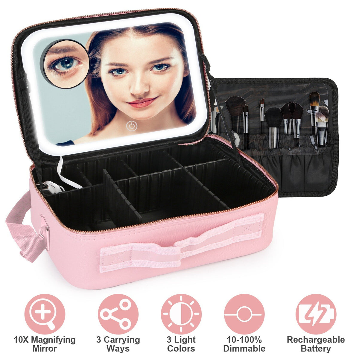 Travel Makeup Bag with LED Mirror and Adjustable Compartments Organizer
