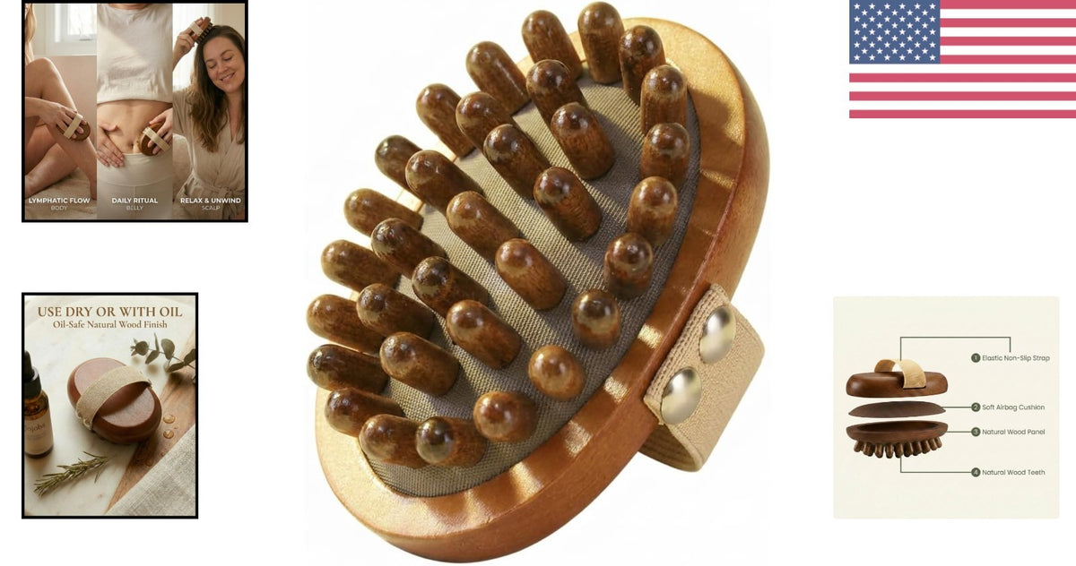 Portable Golden Sandalwood Meridian Massage Brush for Full-Body Relaxation