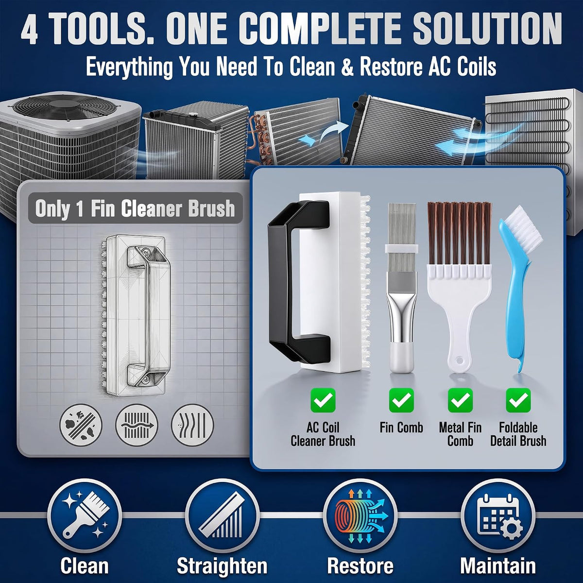 4PCS AC Fin Comb & Coil Cleaning Brush Set - HVAC Fin Straightening & Maintenance Tool
