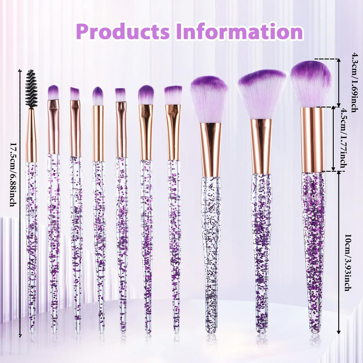 Professional Glitter Makeup Brush Set - 10 Synthetic Face & Eye Brushes