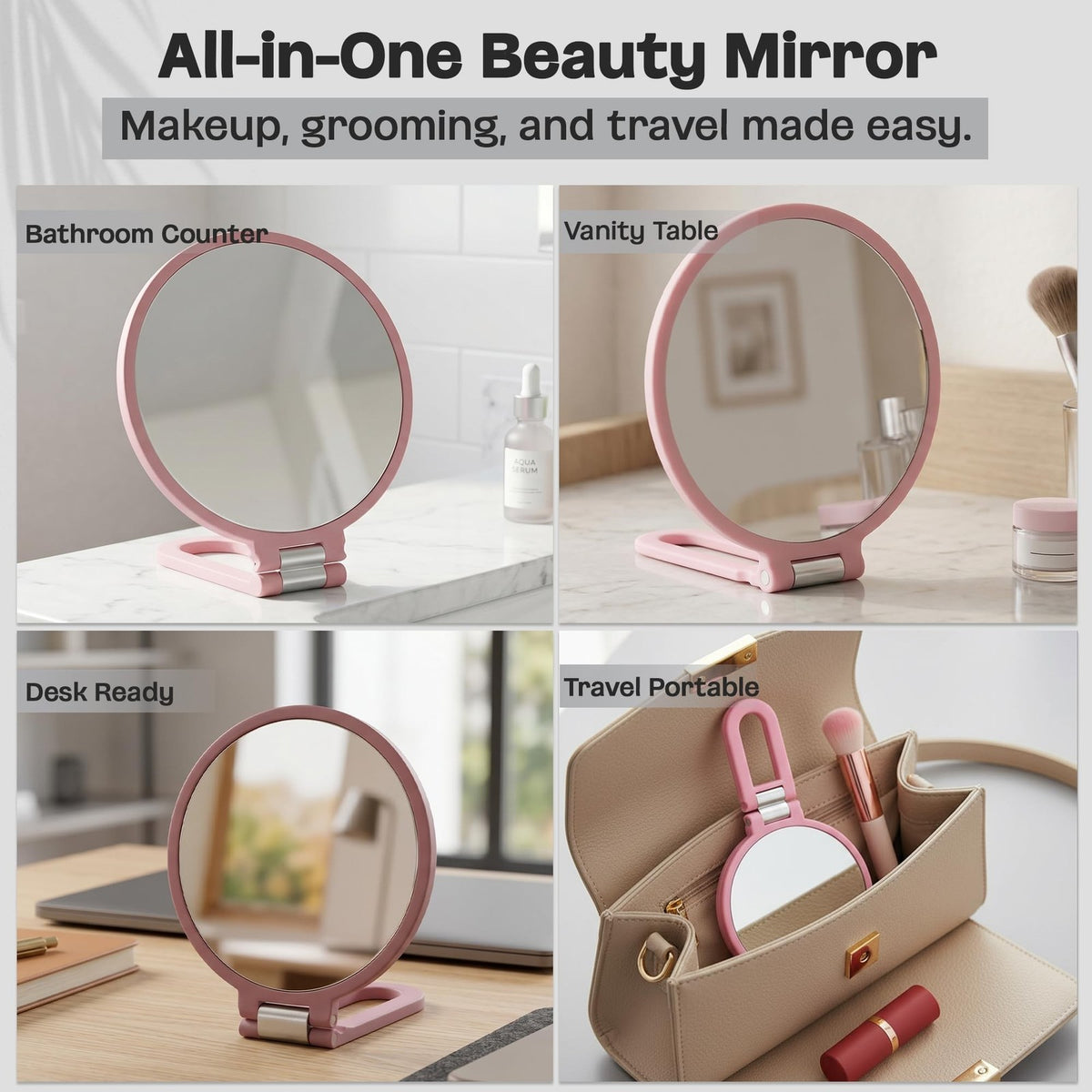 Round Handheld Mirror with 5X Magnification - Blush Pink & Silver Compact Beauty Mirror
