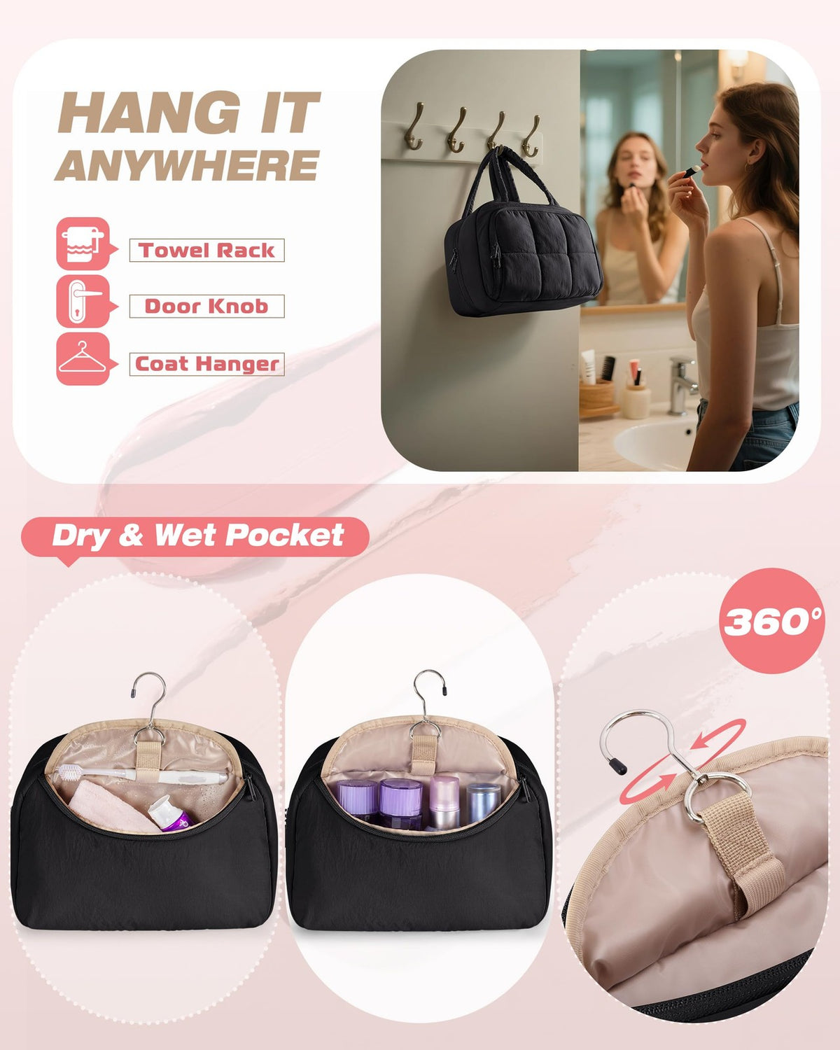 Travel Toiletry Bag with Hanging Hook Waterproof Puffy Cosmetic Organizer Black
