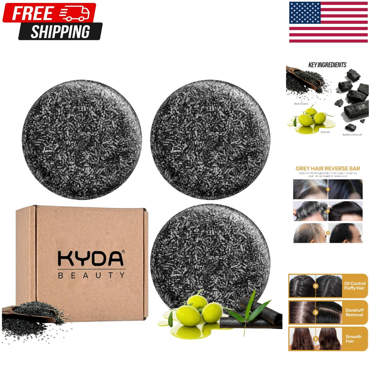 Gray Hair Reversal Shampoo Bar Set for Hair & Beard Darkening - 3 Pieces