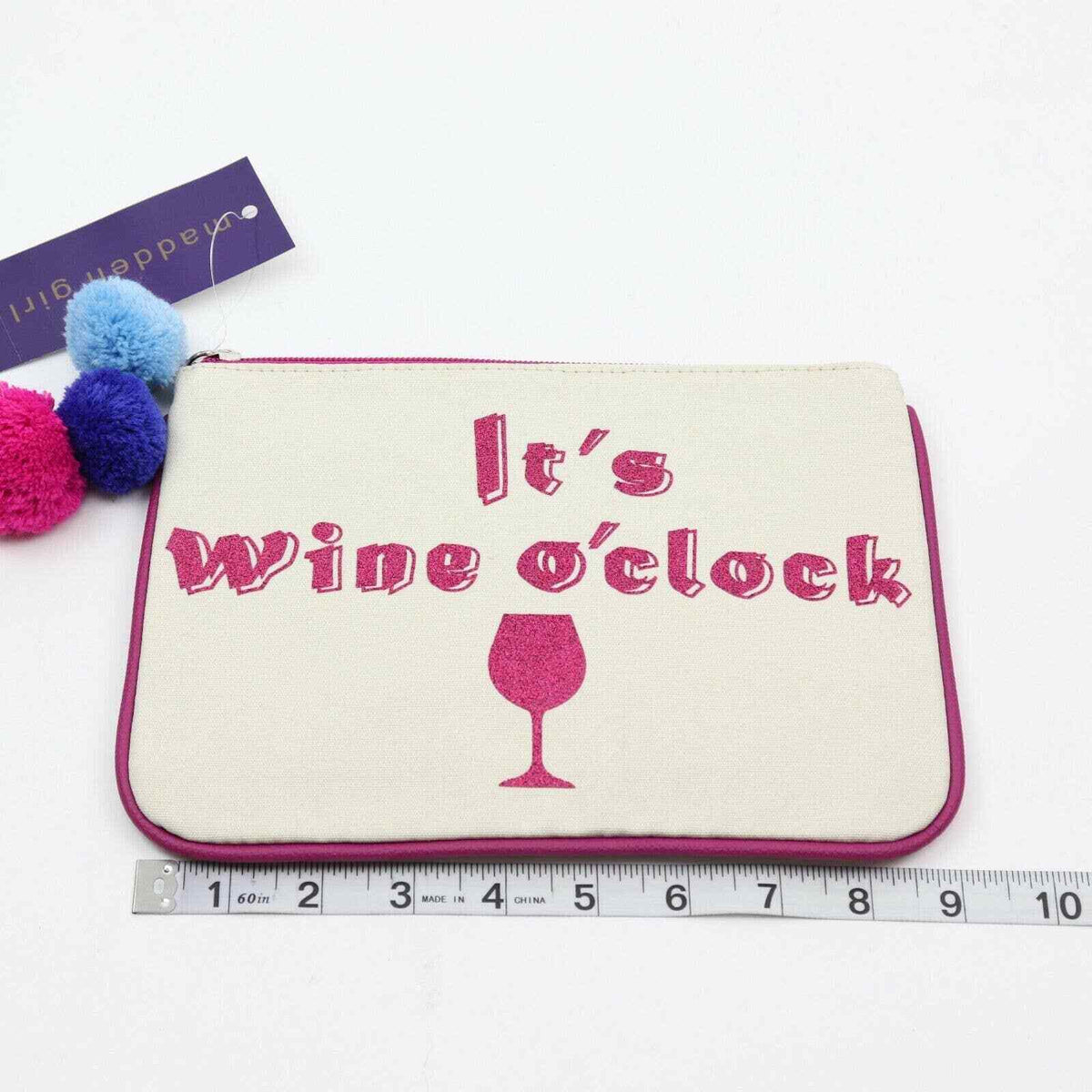 Small Cosmetic Pouch with Pink Glitter and Wine O'Clock Message - Steve Madden Girl