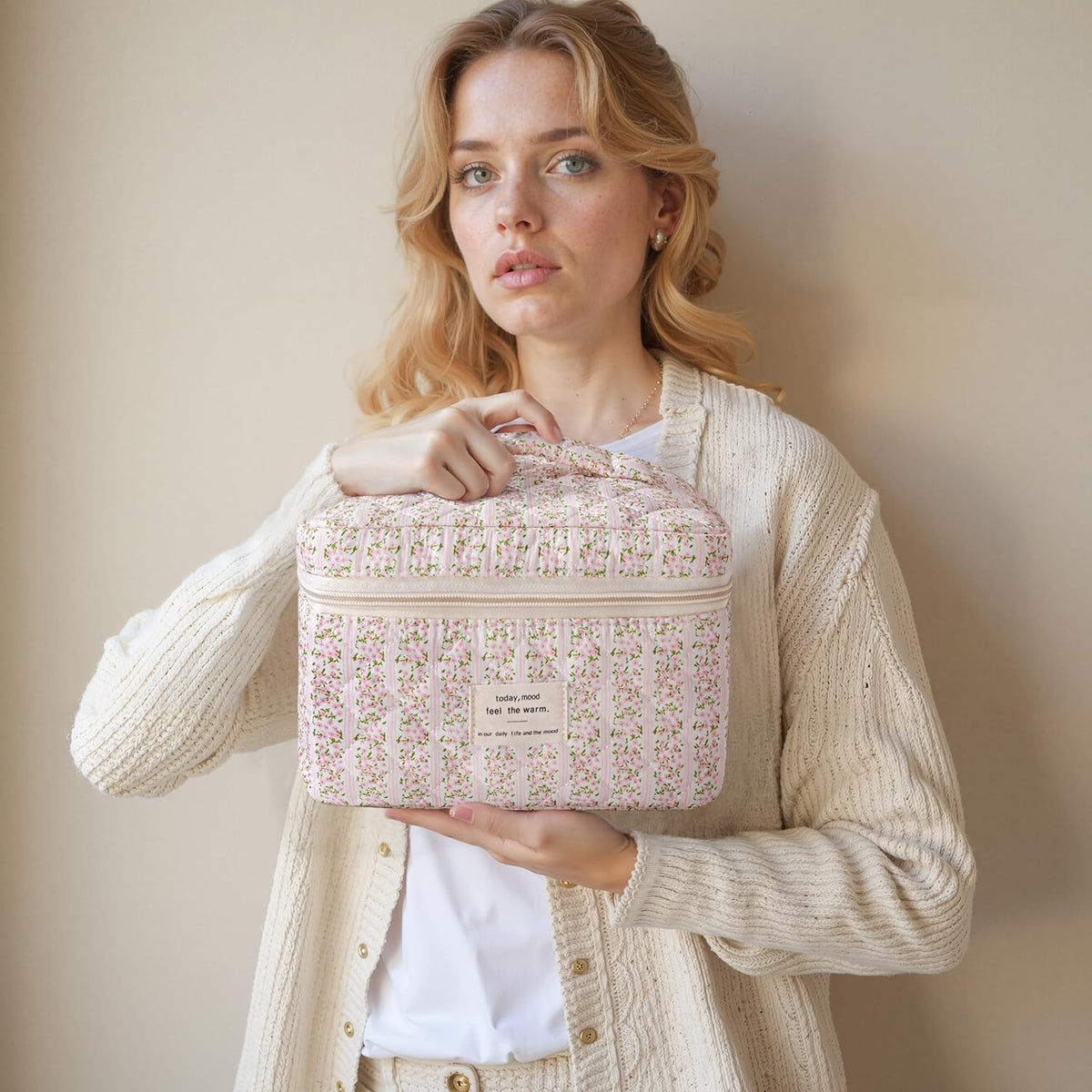 Large Quilted Travel Makeup Bag with Handle - Cotton Cosmetic Organizer