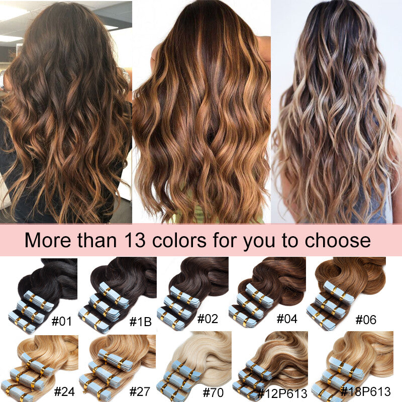 Remy Human Hair Extensions Tape In Full Head Wavy Balayage 200g
