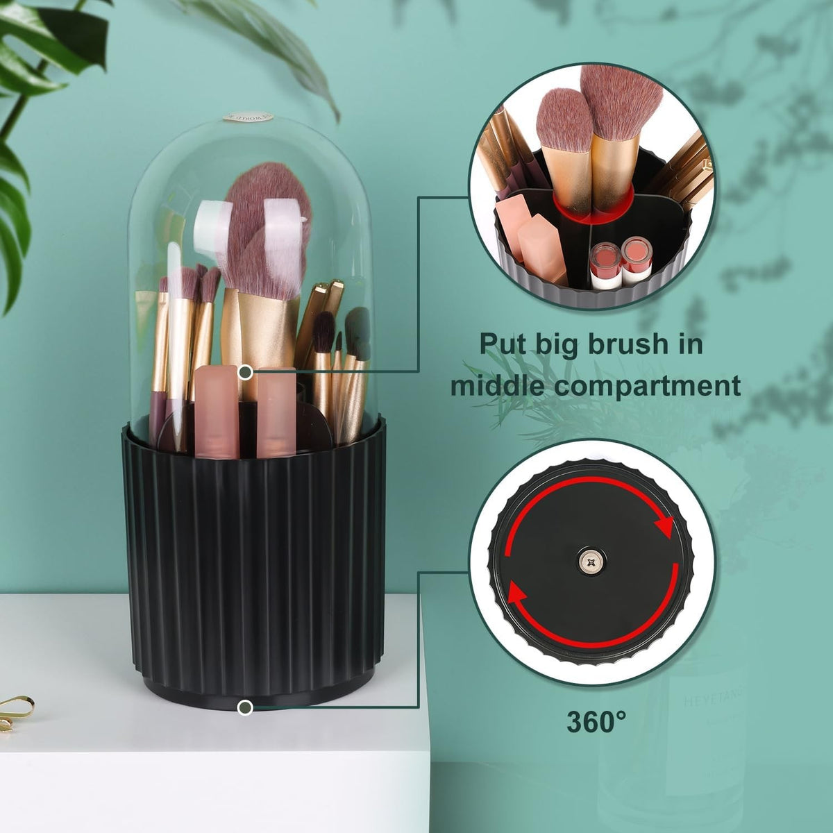 Rotating Makeup Brush Holder Organizer with Lid - 360° Spinning Cosmetics Storage
