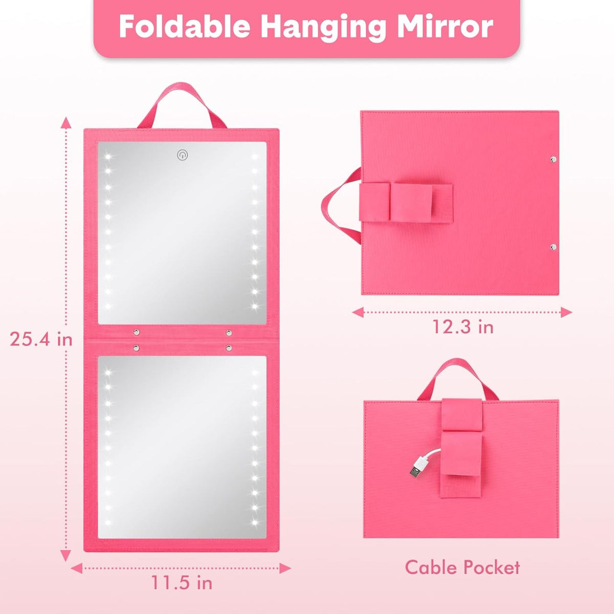 Lighted Hanging Mirror for Dance Backstage - Foldable, Rechargeable, 12.3 x 11.5 Inch, Berry