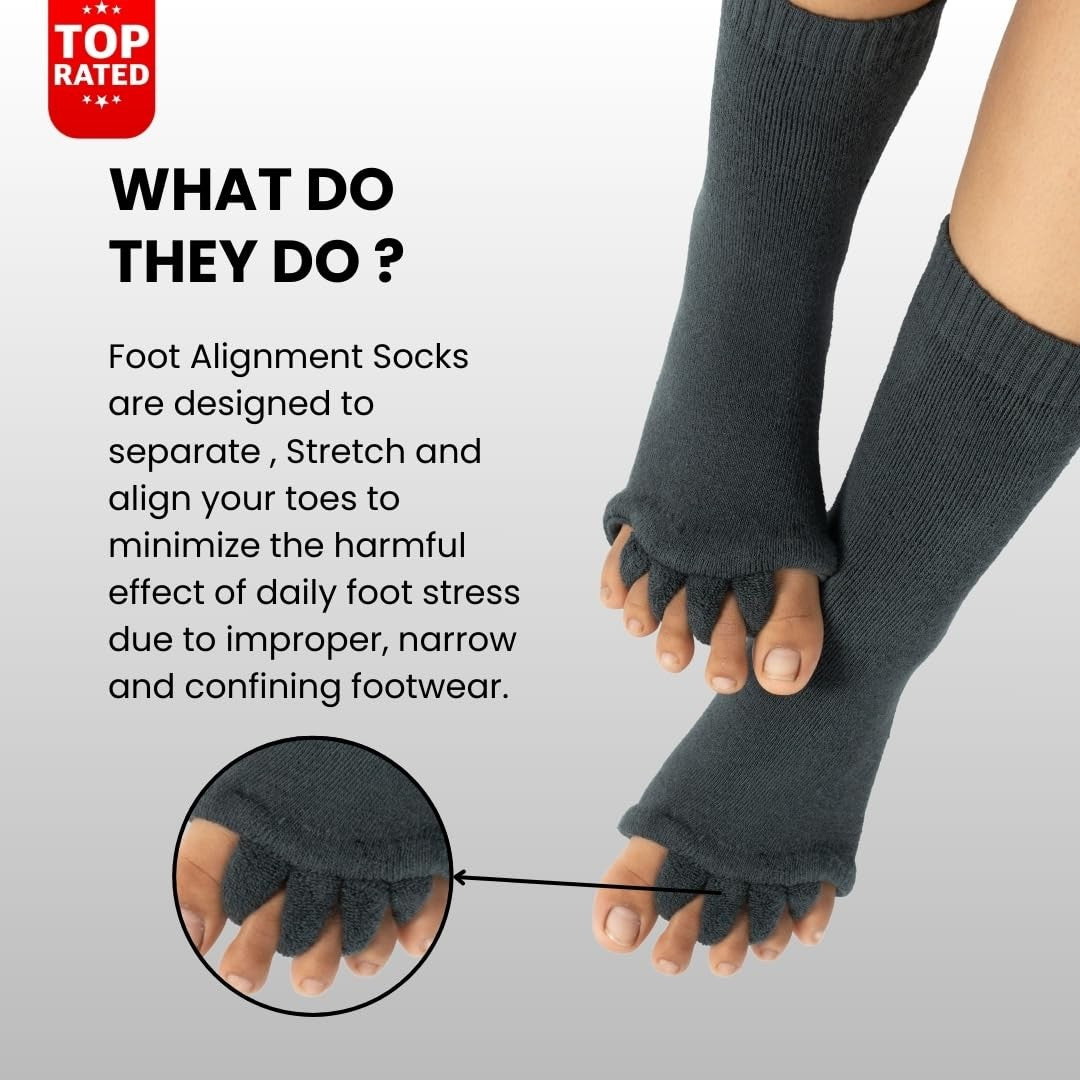 Toe Separator Socks for Bunion & Plantar Fasciitis Support - Grey, Unisex