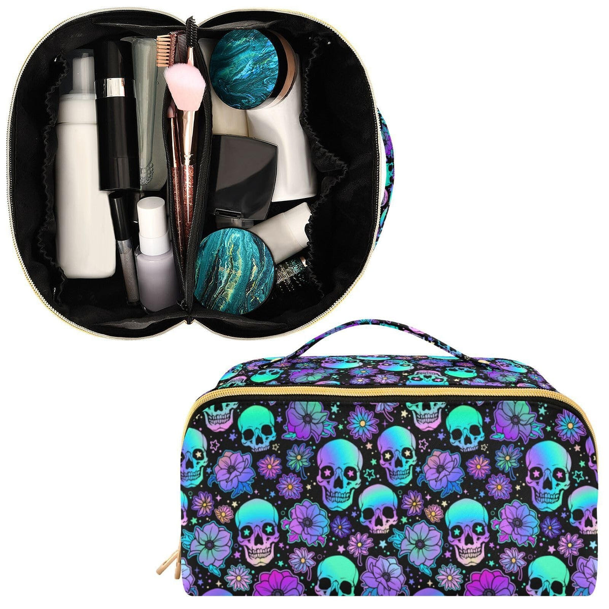 Large Capacity Travel Makeup Organizer Bag with Skulls Pattern