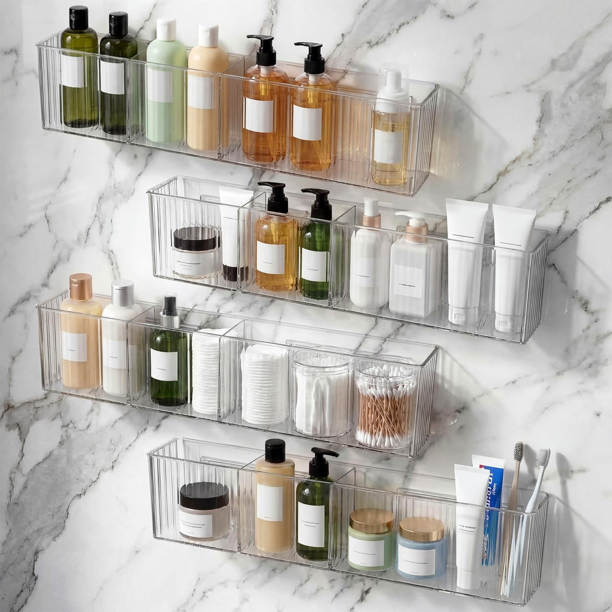4 Pack Wall-Mounted Makeup Organizer Shelves with 3 Compartments - Clear Plastic Bathroom Storage