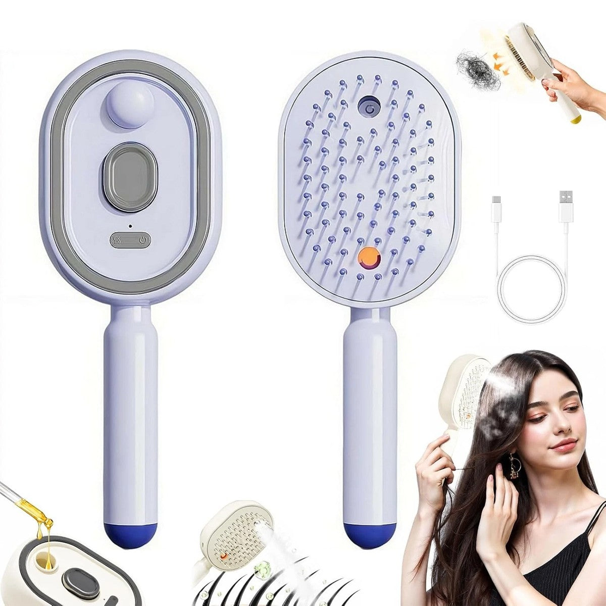 Rechargeable Electric Spray Hair Comb with Mist and Red Light Therapy - Purple