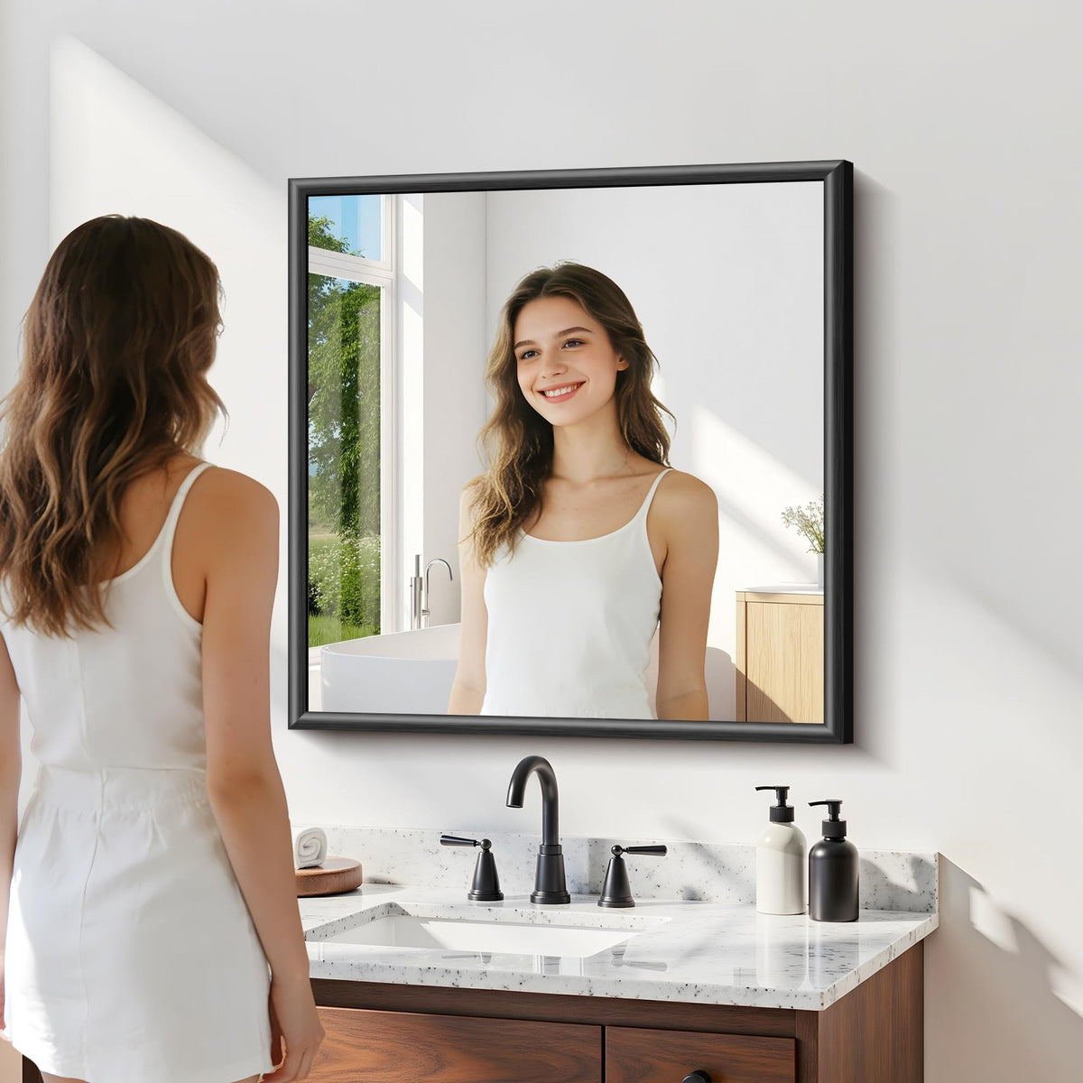 30x30 Black Framed Bathroom Mirror - Modern Raised Metal Wall Mirror