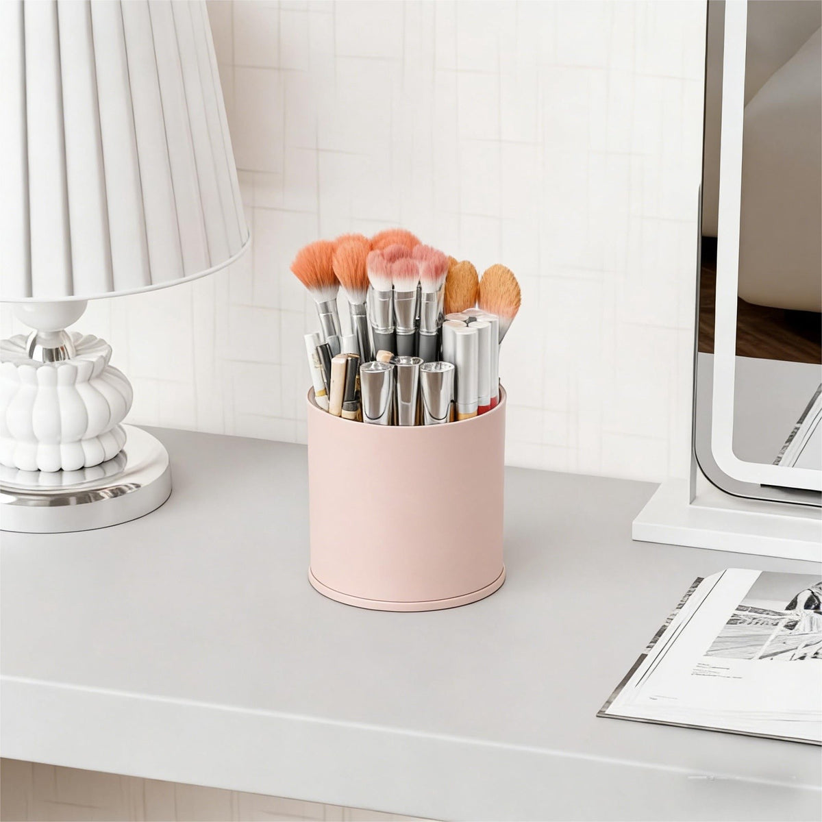 Rotating Makeup Brush Holder with 6 Compartments - Pink
