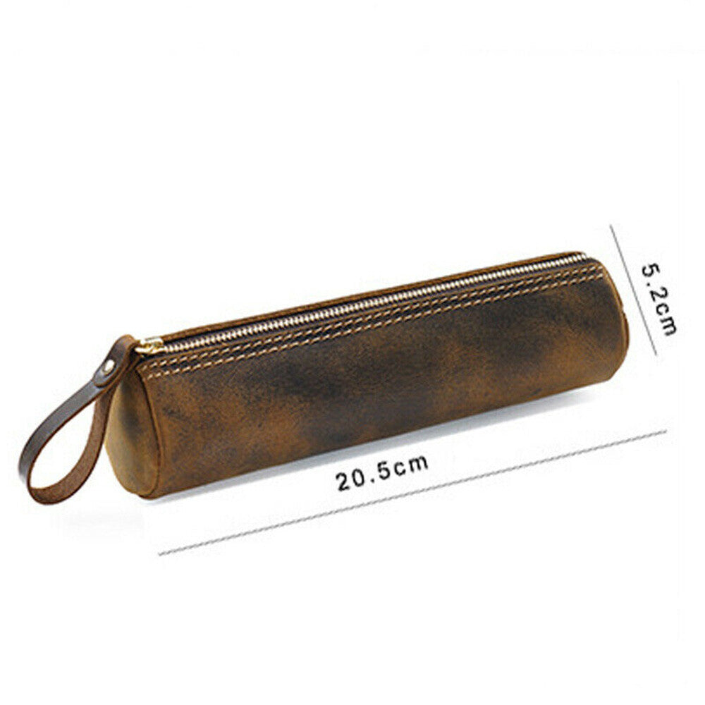 Handmade Leather Pen Pouch Zipper Pencil Case Stationery Storage Box Gift