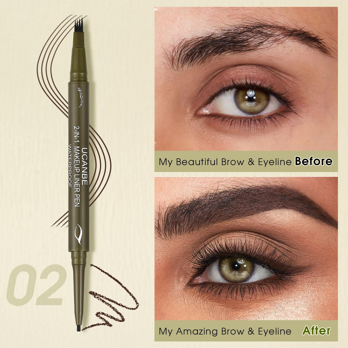 Eyebrow Pen Dual-Ended Micro-Fork Tip & Gel Liner Brown Makeup Tool