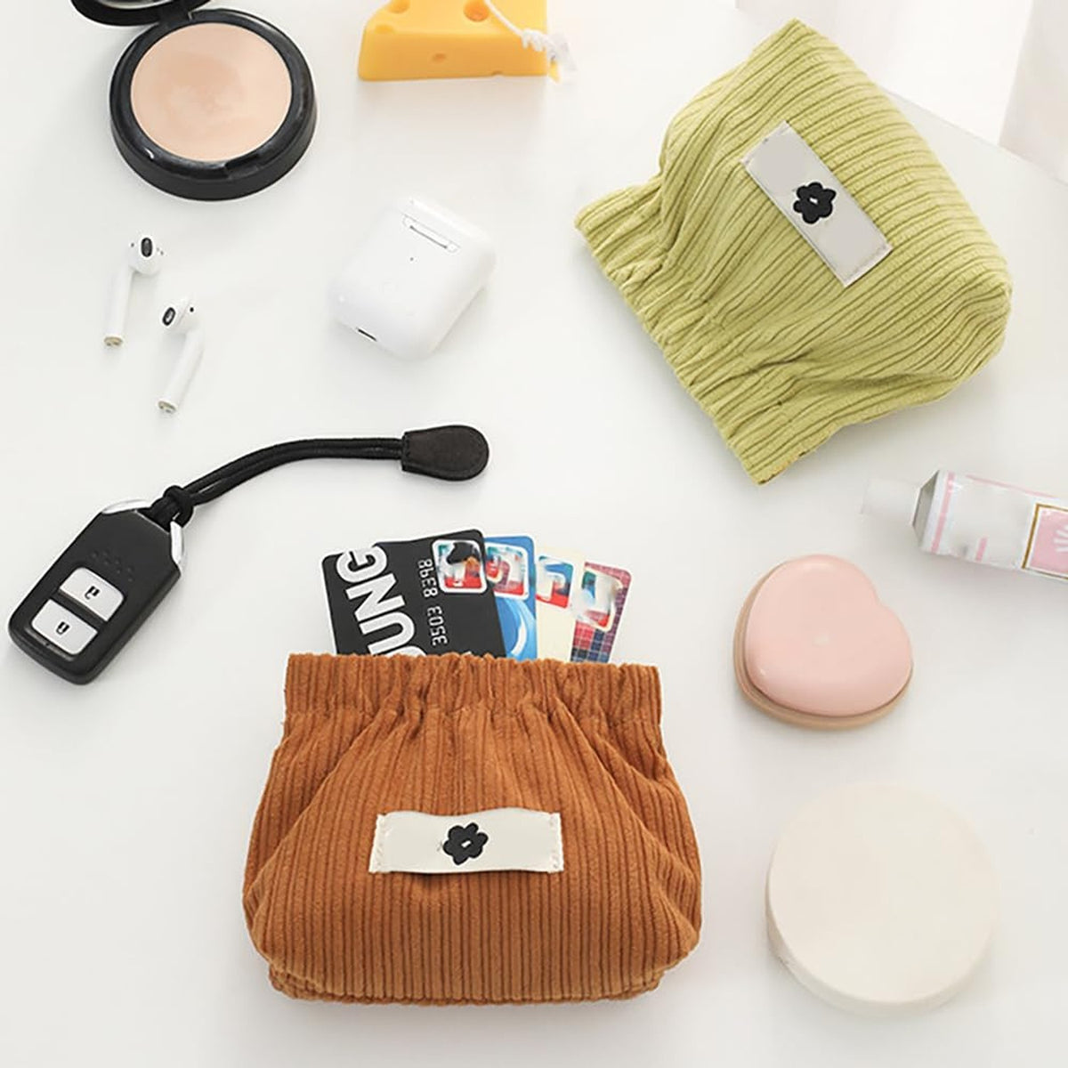 Corduroy Elastic Makeup Bag - Portable Small Organizer for Cosmetics & Jewelry