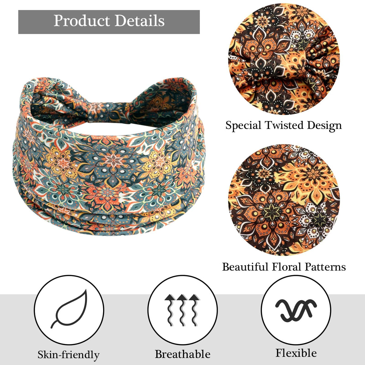 6 Pack Boho Flower Print Headbands for 1 Count (Pack of 6), Vintage