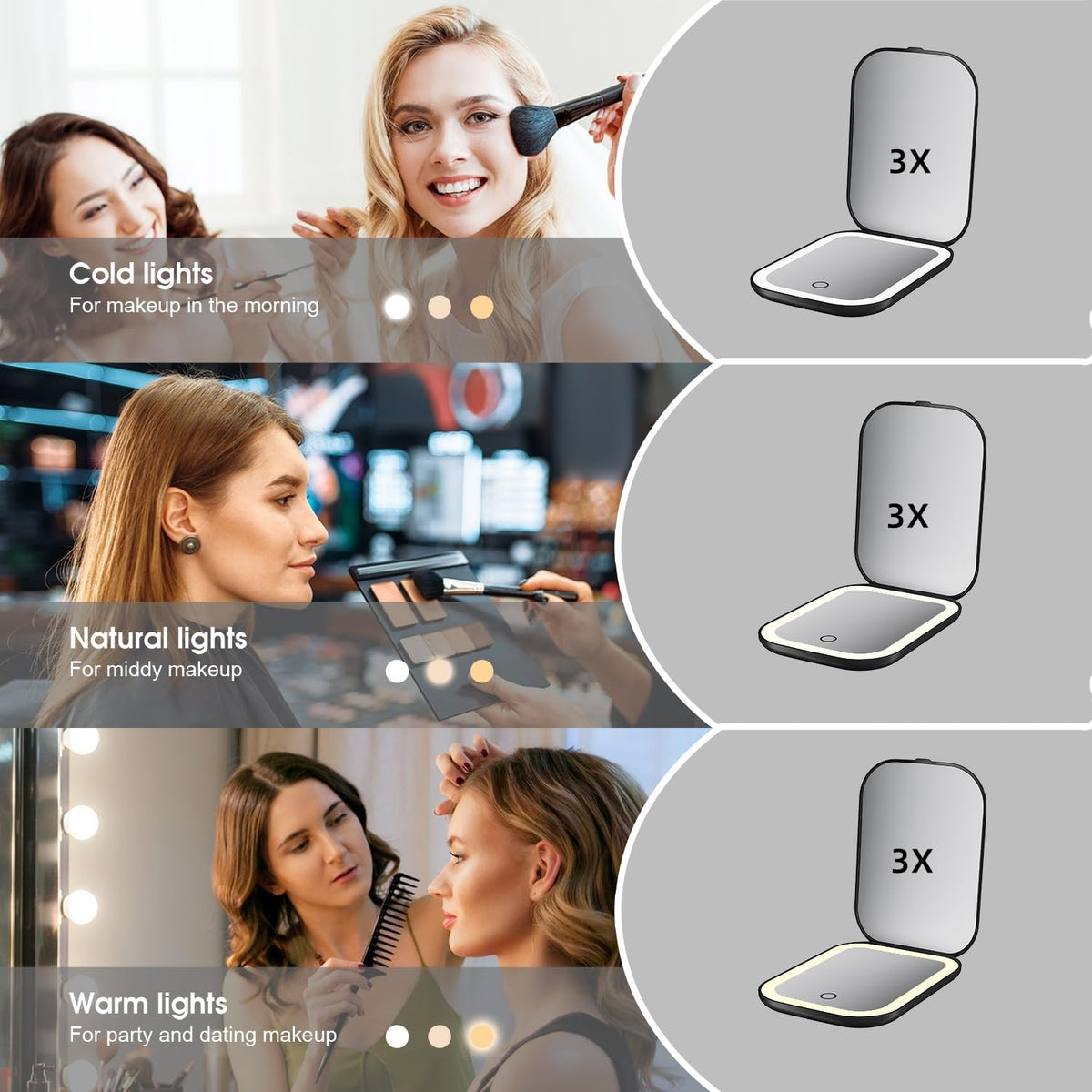 Black LED Compact Makeup Mirror with 1X/3X Magnification & Adjustable Lighting
