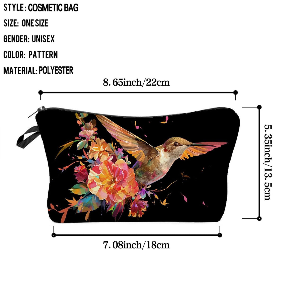 Cute Small Makeup Bag with Floral Hummingbird Design - Travel Organizer, Gift for Women