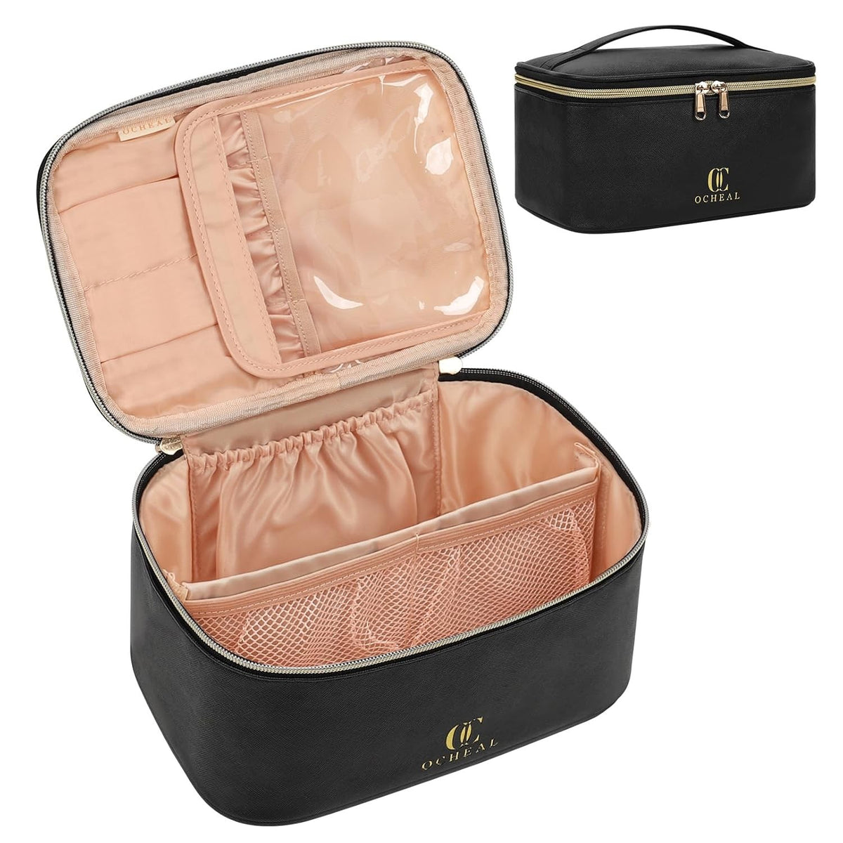 Large Capacity Travel Makeup Bag Organizer with Divider and Handle - Waterproof Vegan Leather