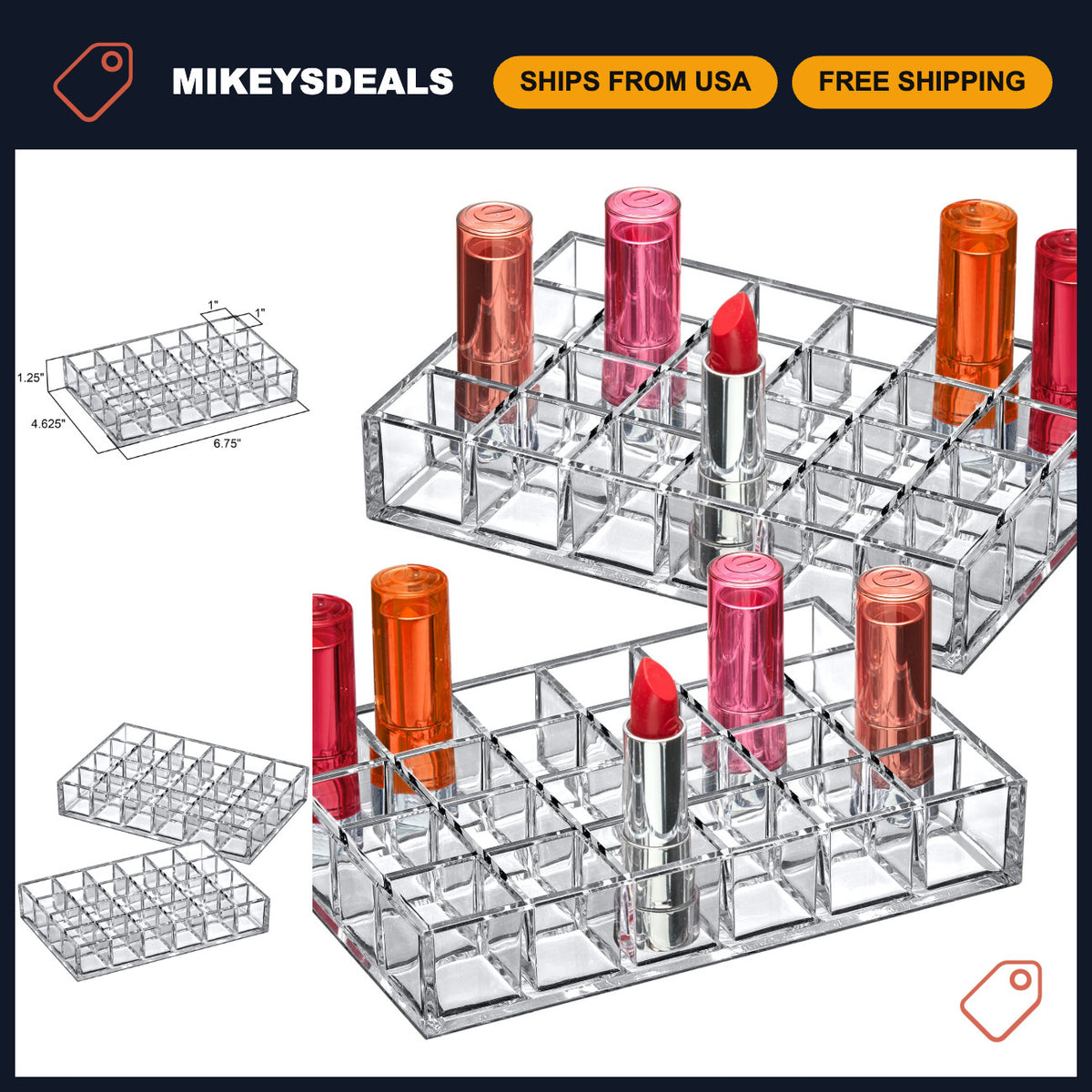 Acrylic Lipstick Organizer 24-Slot - Transparent Cosmetic Storage Box