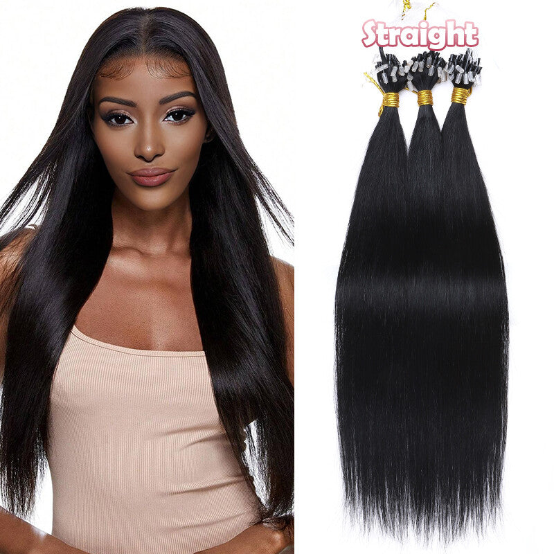 200PCS Micro Link Hair Extensions Human Hair Kinky Straight Yaki Loop Rings