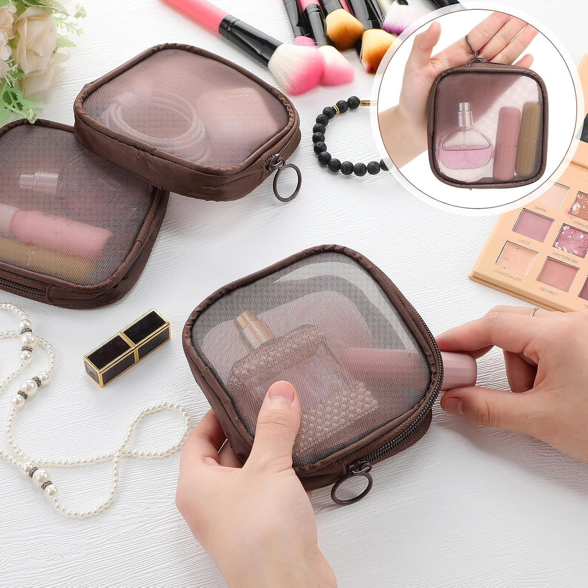 Small Mesh Makeup Bag - Brown, Portable Cosmetic Organizer
