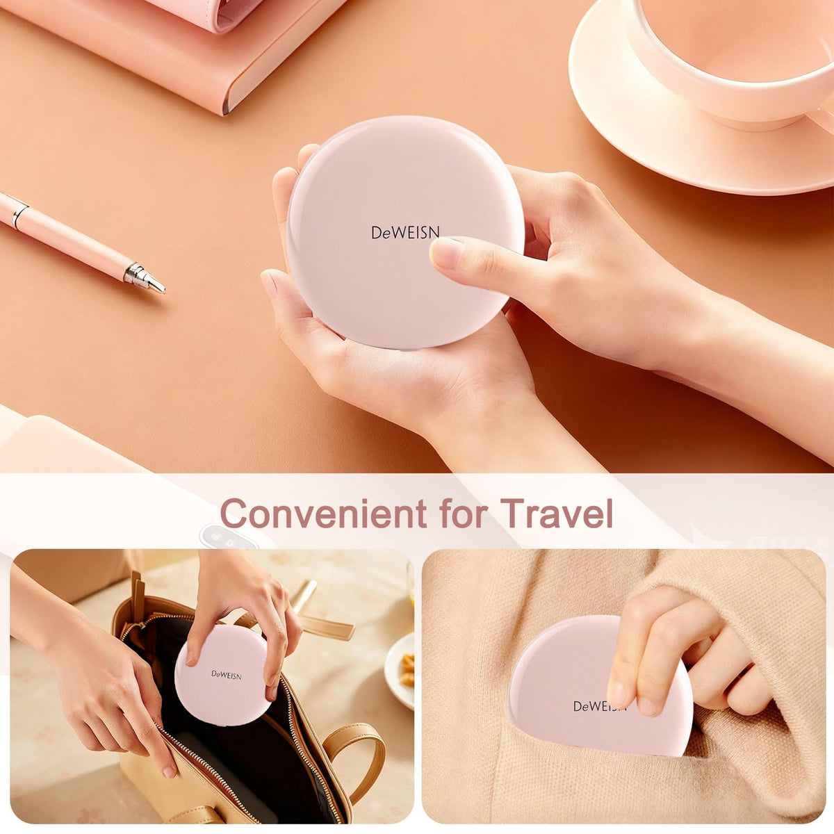 Portable Travel Makeup Mirror with Lights 1X/5X Magnification Pink