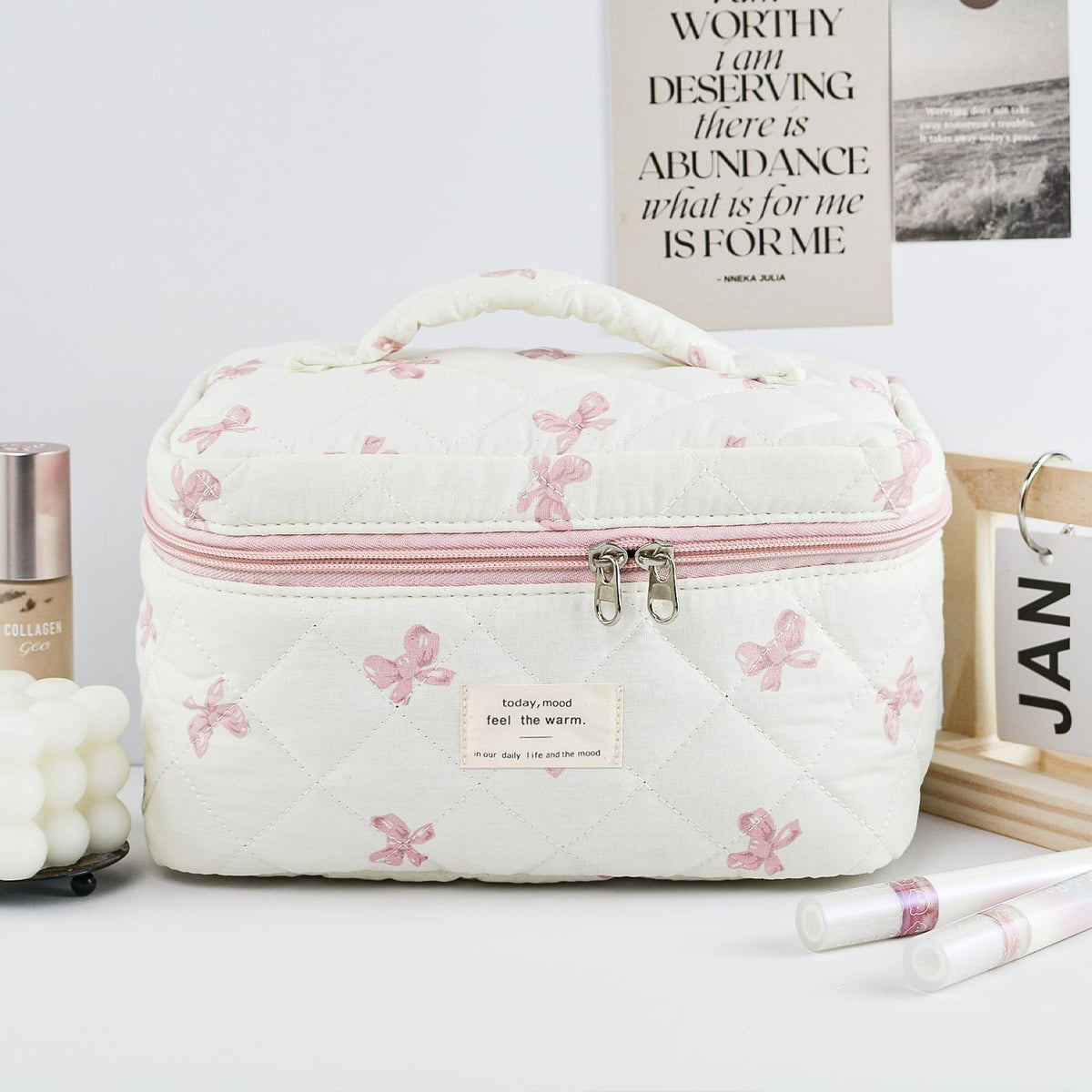 Pink Quilted Makeup Bag with Bow - Large Cosmetic Organizer 9.8x6.3x6.3 Inches