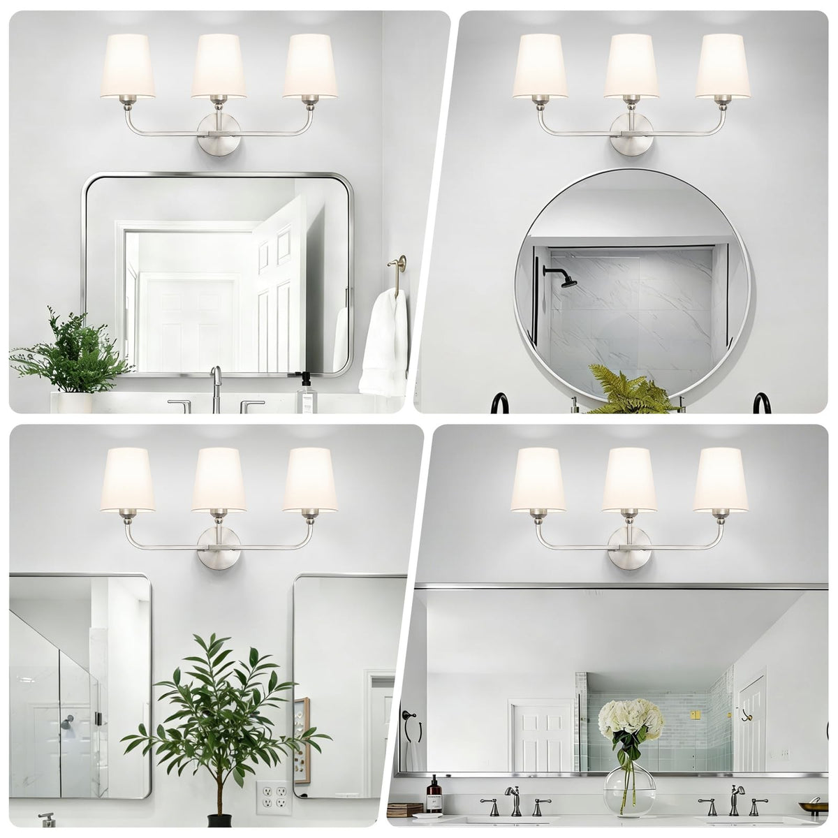 3-Light Brushed Nickel Bathroom Vanity Light Fixture with Fabric Shade