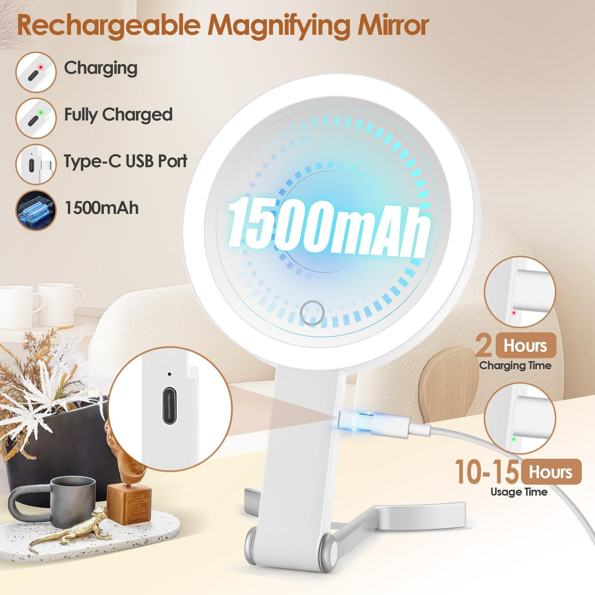 Double-Sided Lighted Makeup Mirror with 30X Magnification and Dimmable Touch Control - Travel Friendly White