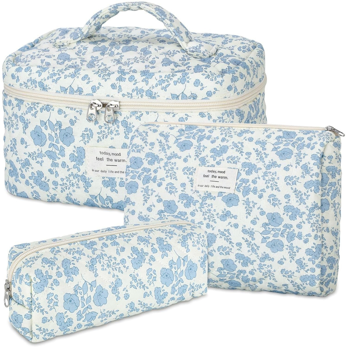 Large Floral Makeup Bag Set - Cotton Quilted Cosmetic Pouches for Women
