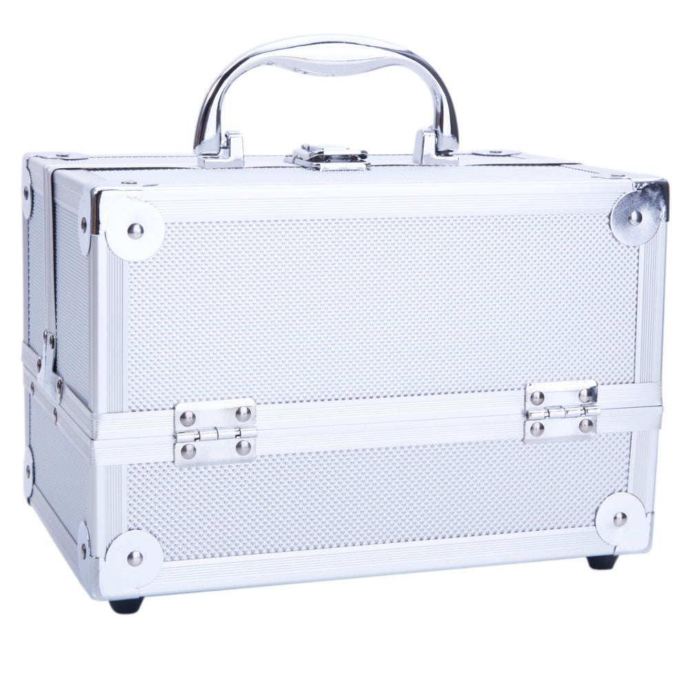 Aluminum Makeup Train Case Jewelry Organizer with Mirror - Silver