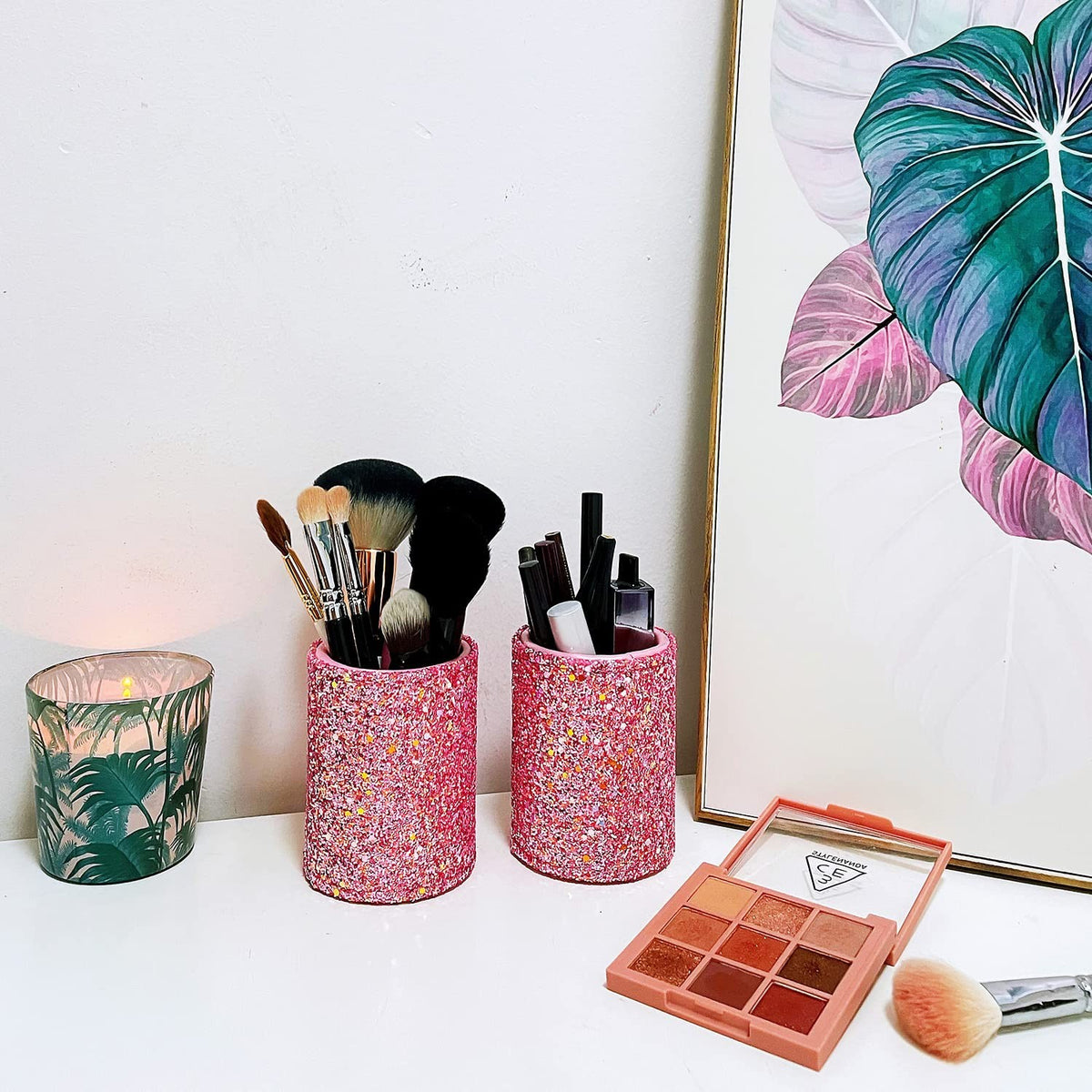 Bling Sequin Makeup Brush Holder - Pink Glitter Vanity Organizer