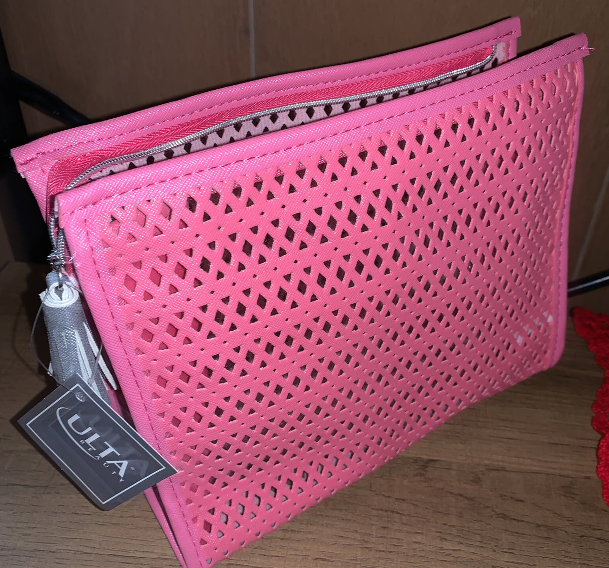 Makeup Cosmetic Bag with Coral Pink Diamond Cutout and Silver Zipper Tassel