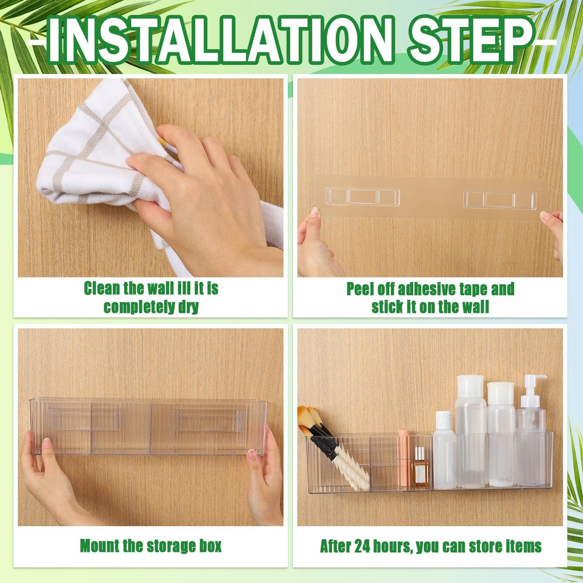 4 Pack Wall-Mounted Makeup Organizer Shelves with 3 Compartments - Clear Plastic Bathroom Storage