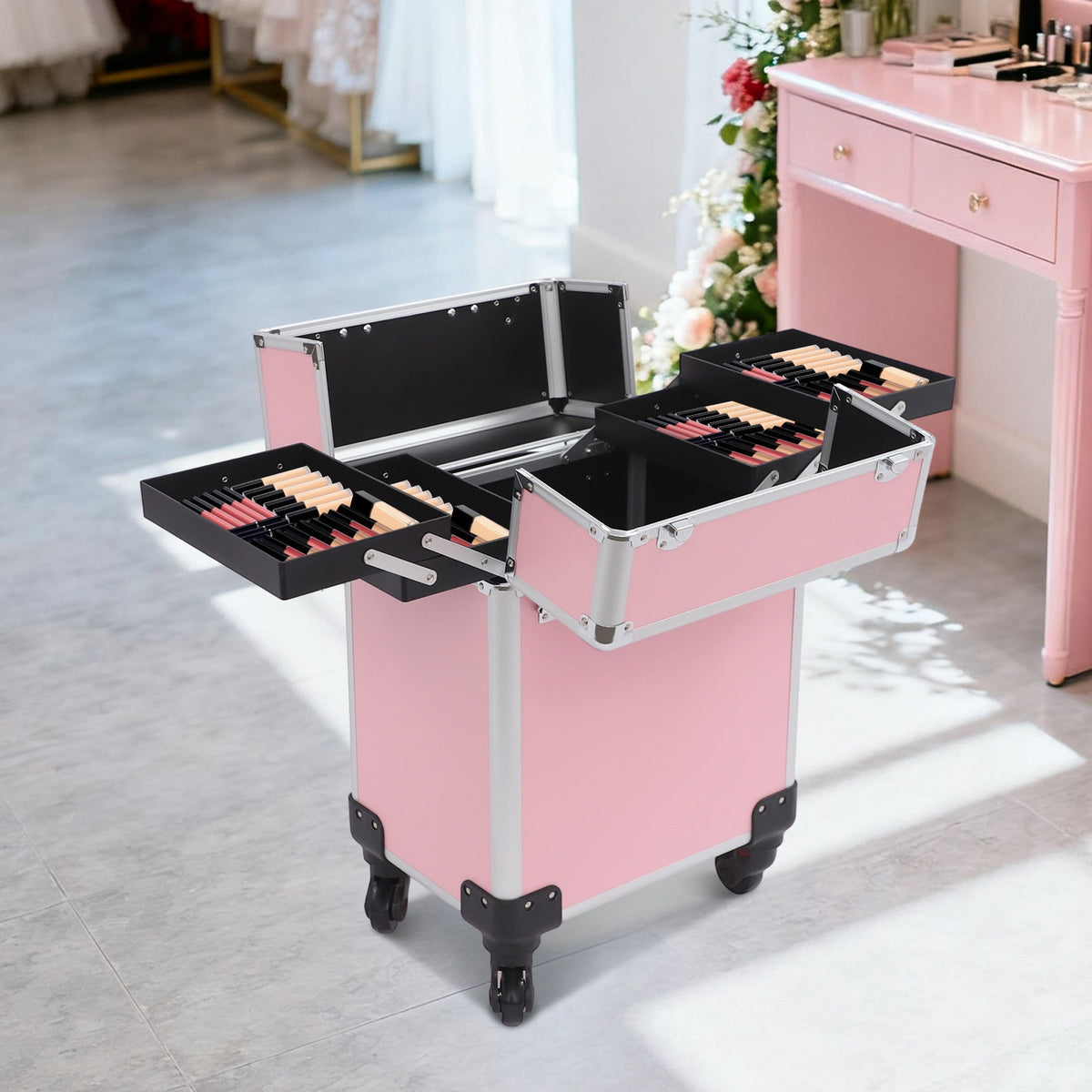 Pink Aluminum Cosmetic Train Case with Wheels & Large Storage