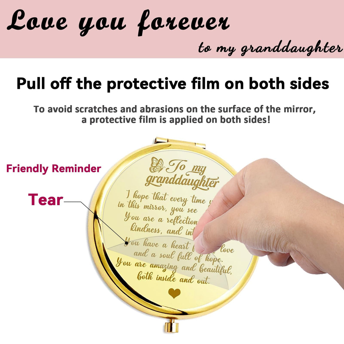 Engraved Compact Pocket Mirror for Granddaughter - Encouragement Gift, Double-Sided Makeup Mirror