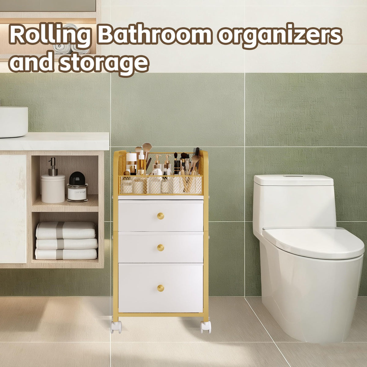 Rolling Makeup Organizer Cart with 3 Drawers – Under-Desk Gold