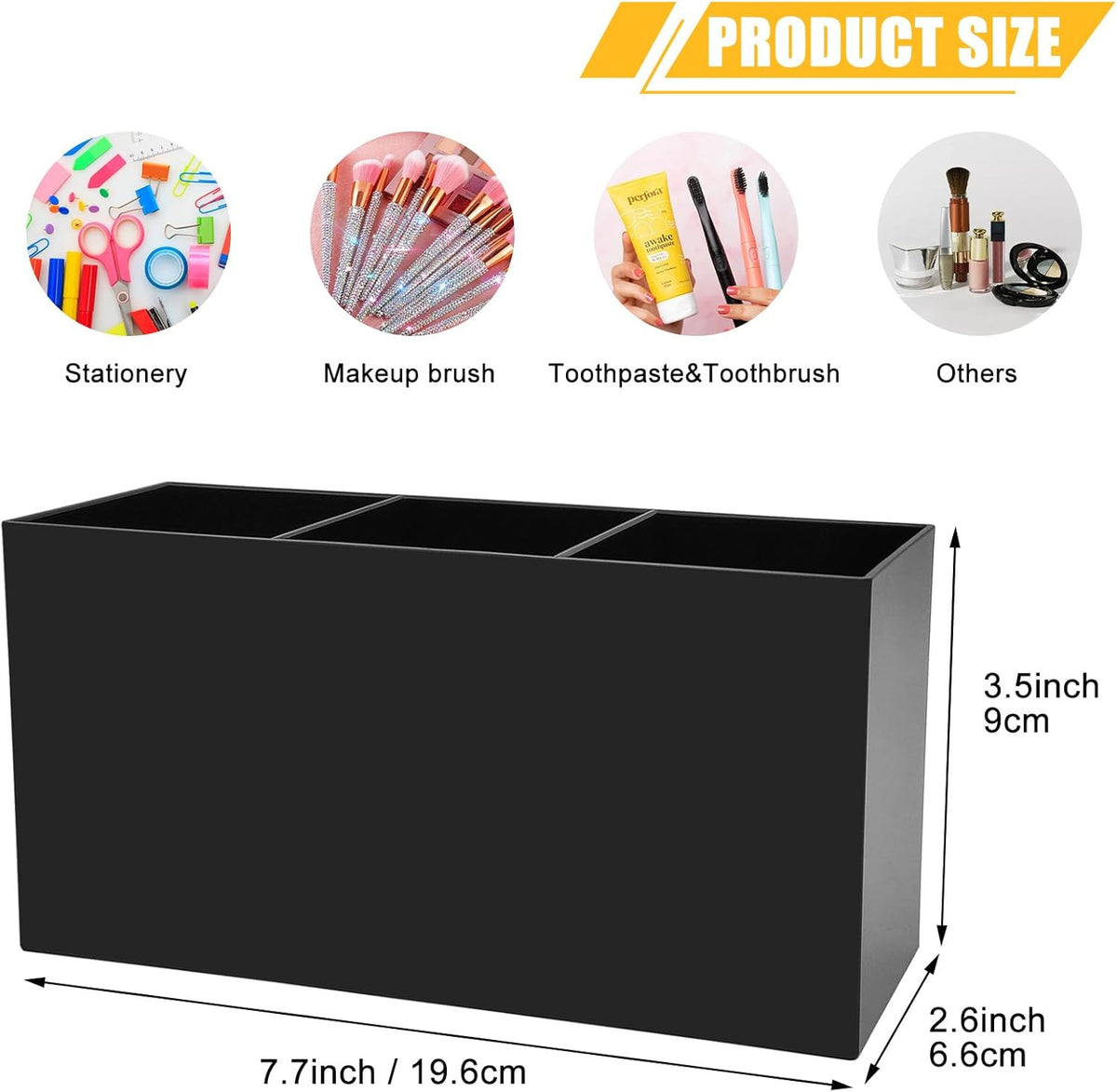Acrylic Makeup Brush Organizer with 3 Compartments - Black