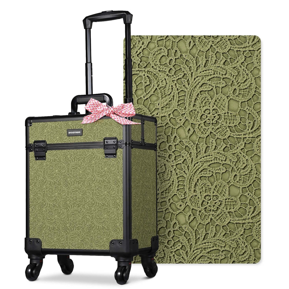 Rolling Makeup Train Case with Extendable Trays and Large Storage - Rococo Moss