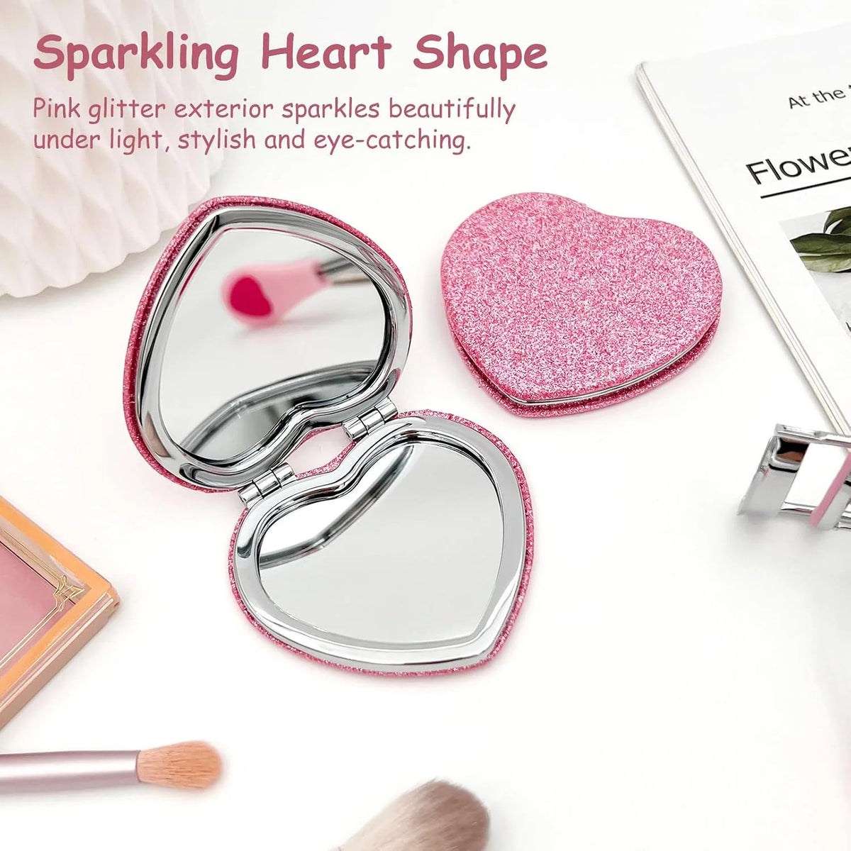 Heart Shaped Compact Mirror Set - Pink Portable Travel Makeup Mirrors