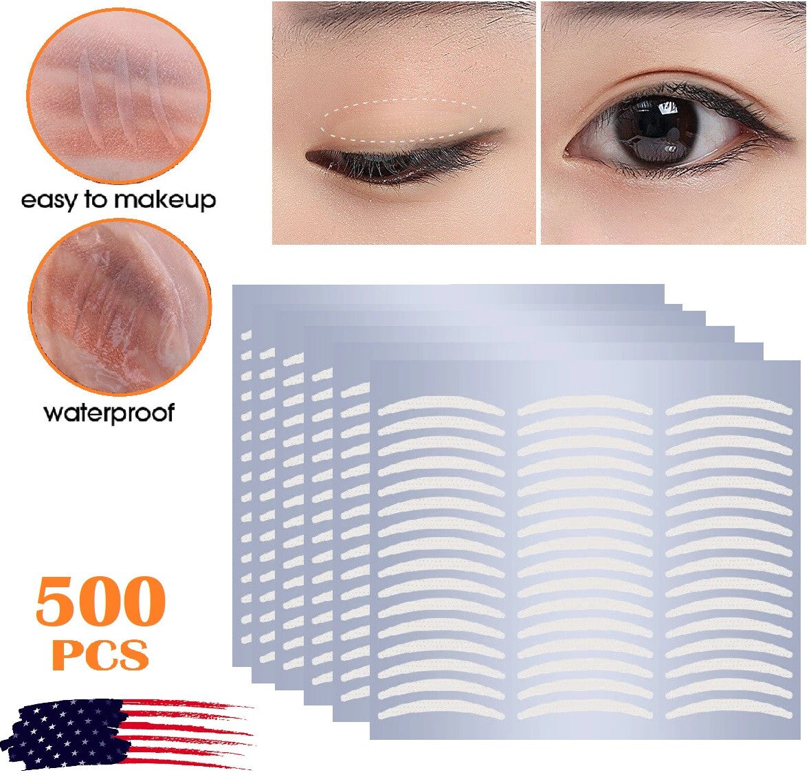 Invisible Double Eyelid Tape Strips - 500 Pcs, Waterproof & Breathable
