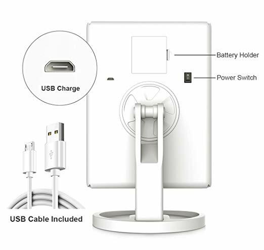 Tri Fold Makeup Mirror with Dimmable LED Lights, Magnifiers, USB or Battery Power