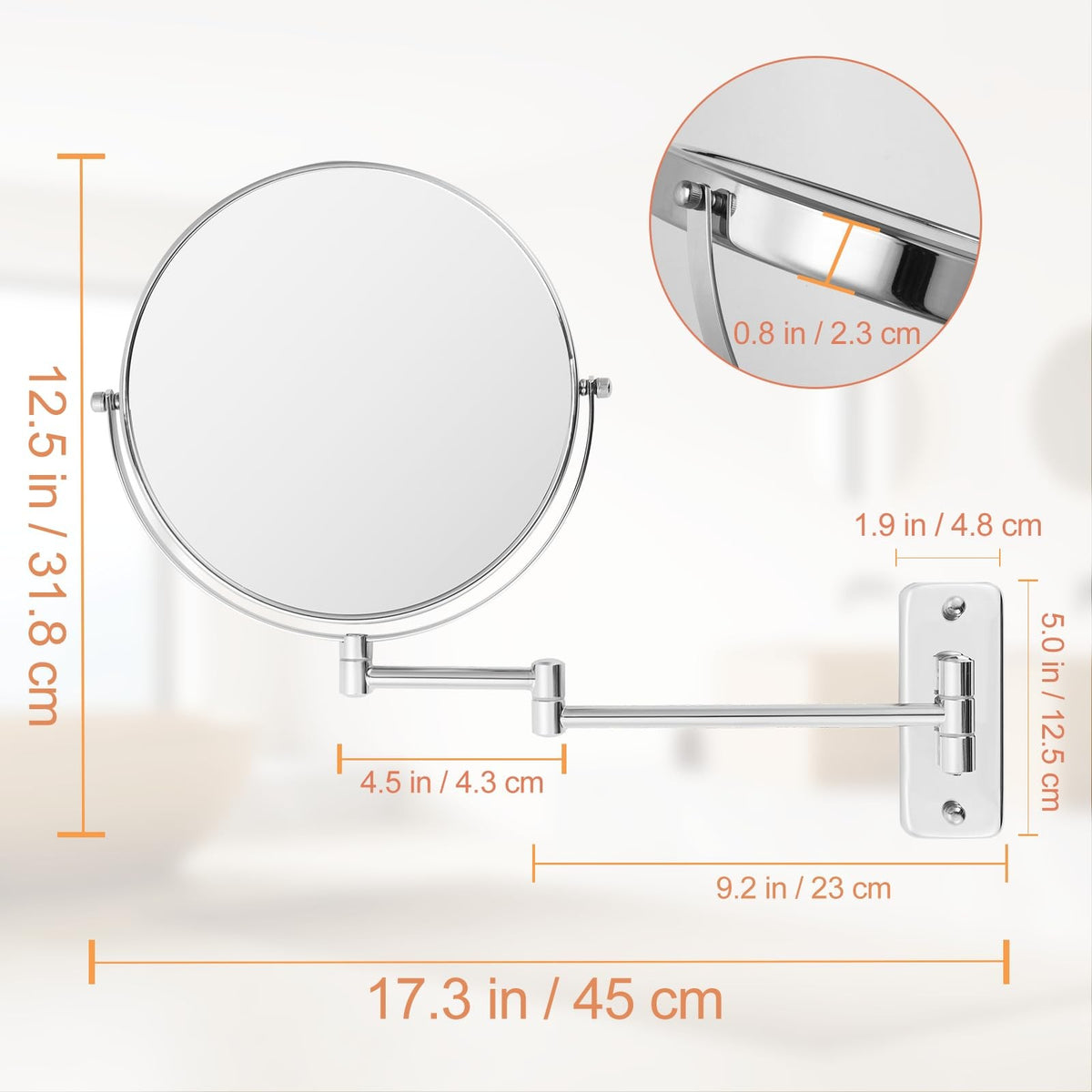 Wall Mounted Makeup Mirror 8 Inch with 1X/10X Magnification & Swivel Extension