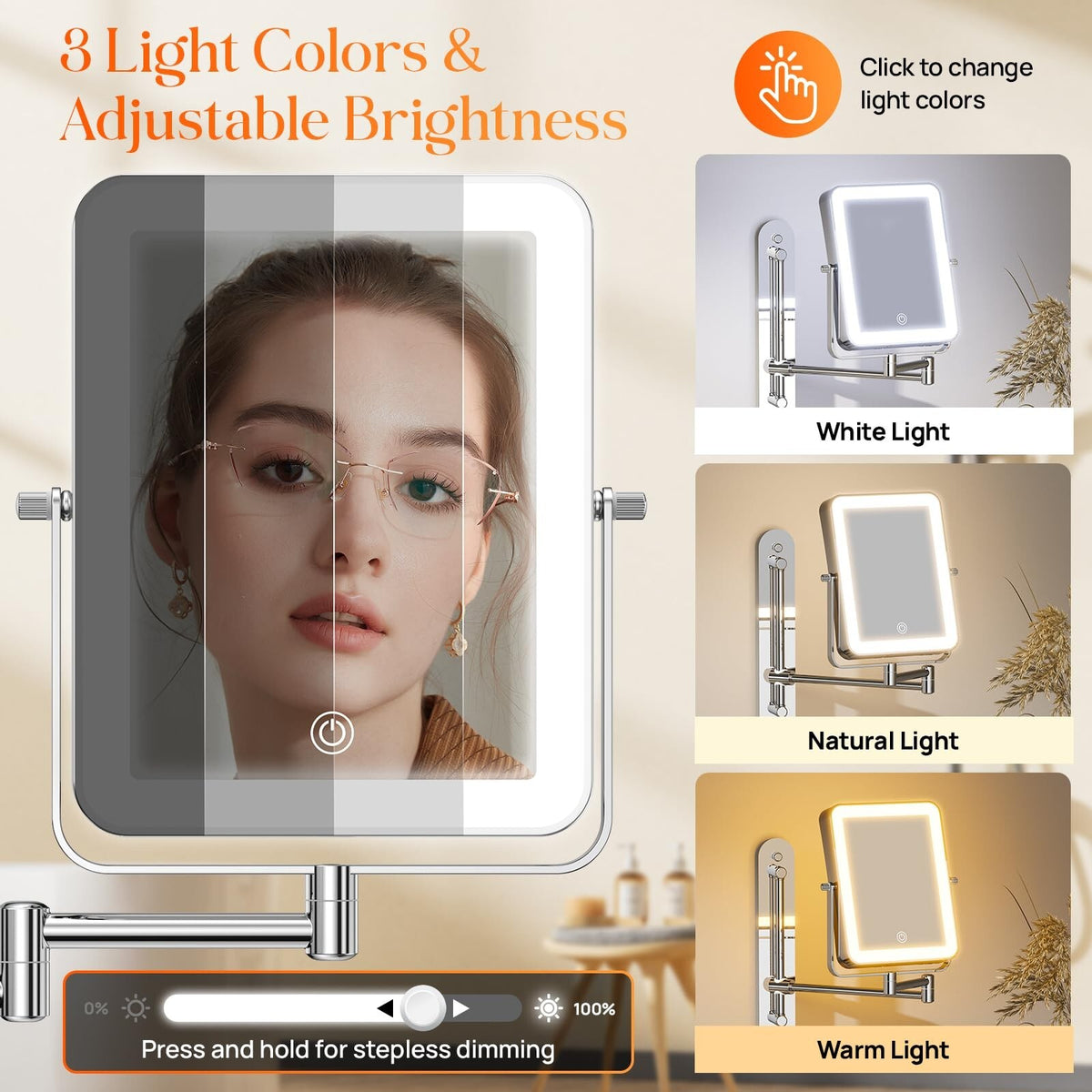 Height Adjustable Wall-Mounted Lighted Makeup Mirror with 10X Magnification and Hooks