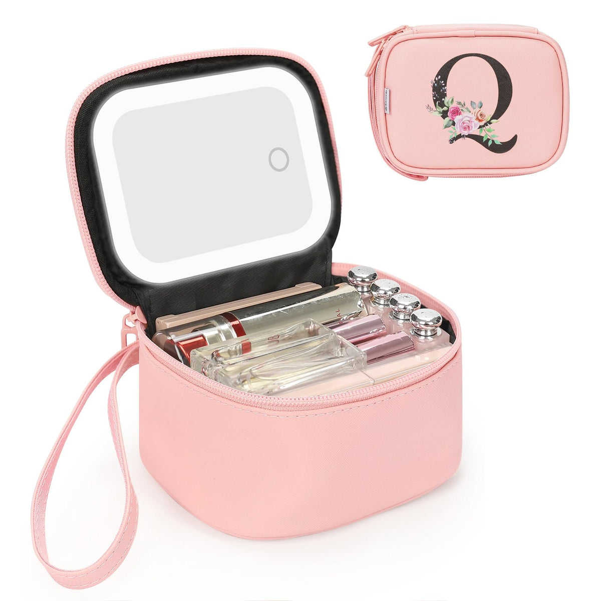Mini Makeup Bag with LED Mirror - Personalized Initial Cosmetic Organizer for Women