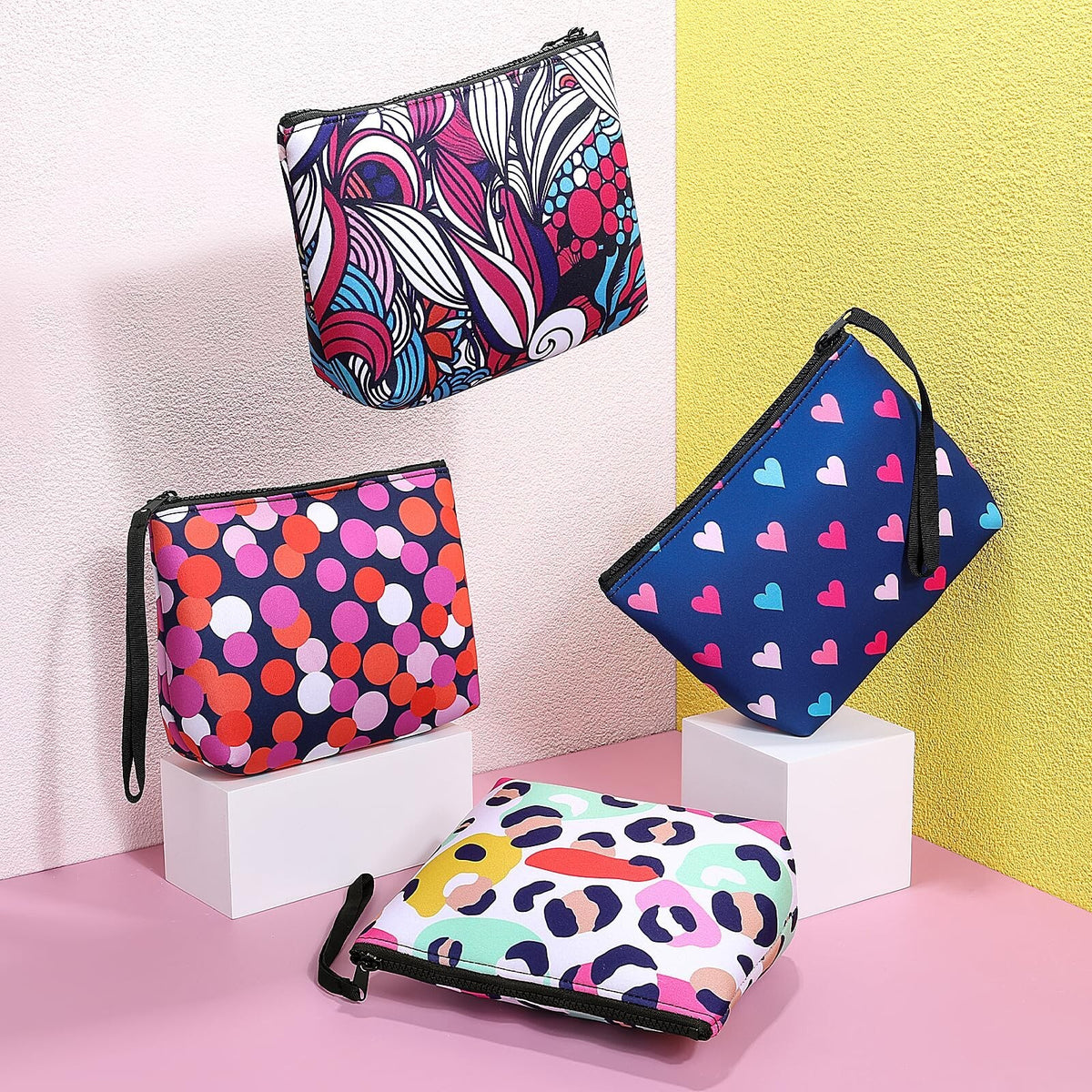 Large Neoprene Makeup Bag with Handle - Travel Cosmetic Organizer, Washable, Colorful Hearts