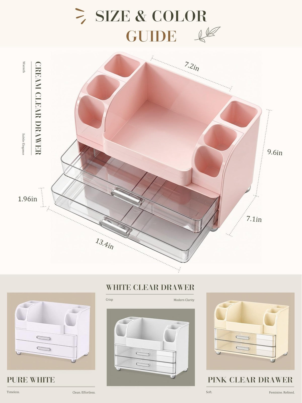 Large Makeup Organizer for Vanity Countertop with Drawers and Side Slots